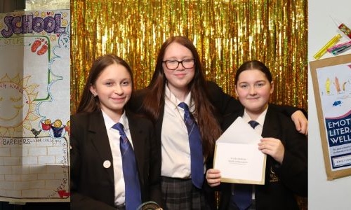 St Luke's Students who won the Student Community Leadership Award at the Ted Wragg Awards 2024 standing in front of a gold backdrop