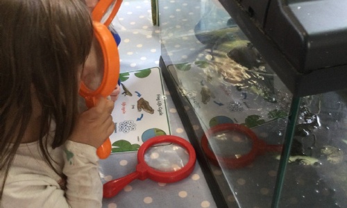 Children stood using magnifying glass