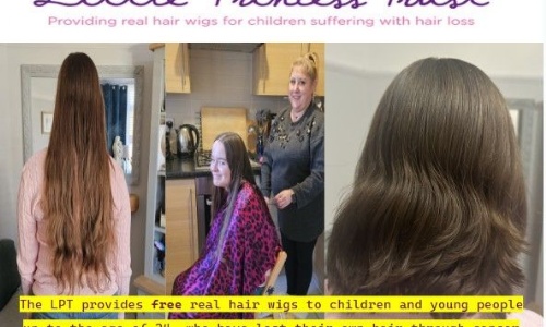 Picture of Olivia having her hair cut, and a before and after picture of her hair. 